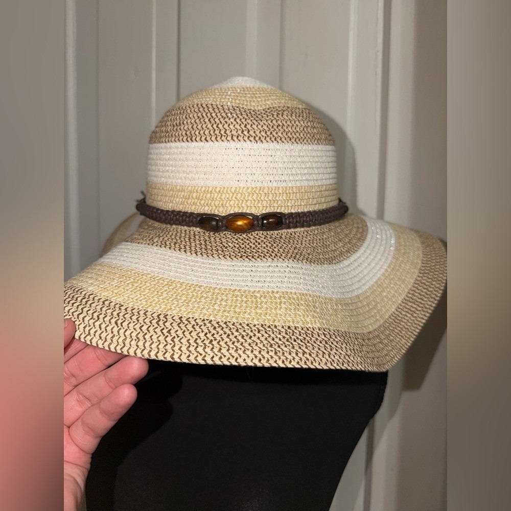 Magid Tan and White Striped Sun Hat, summer, beach, beach hat, gardening hat - Picture 2 of 7